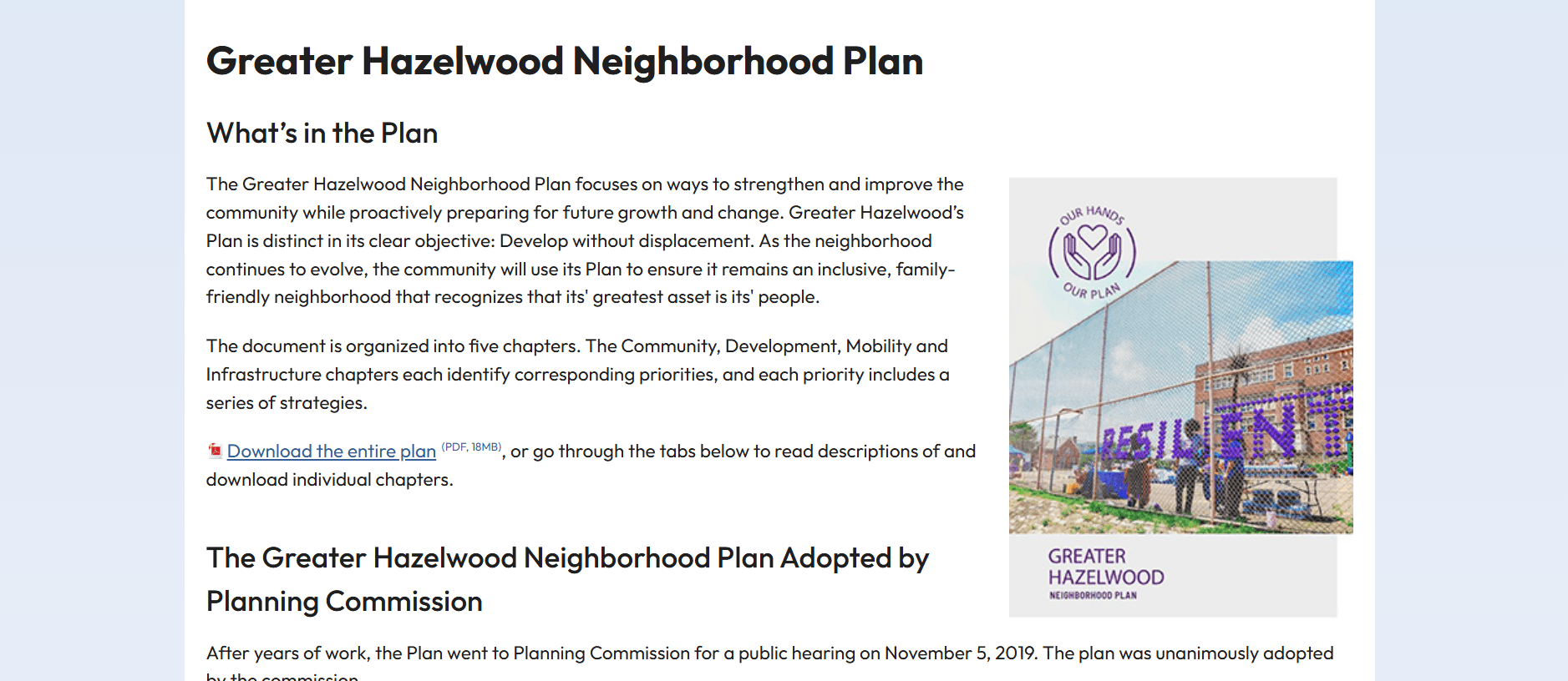 Screenshot of Greater Hazelwood Neighborhood Plan website