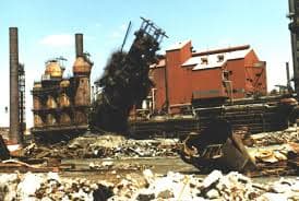 The steel mill site during demolition.
