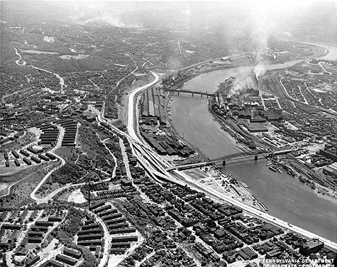 The river and the J&L steel mill, showing the industrial riverfront.